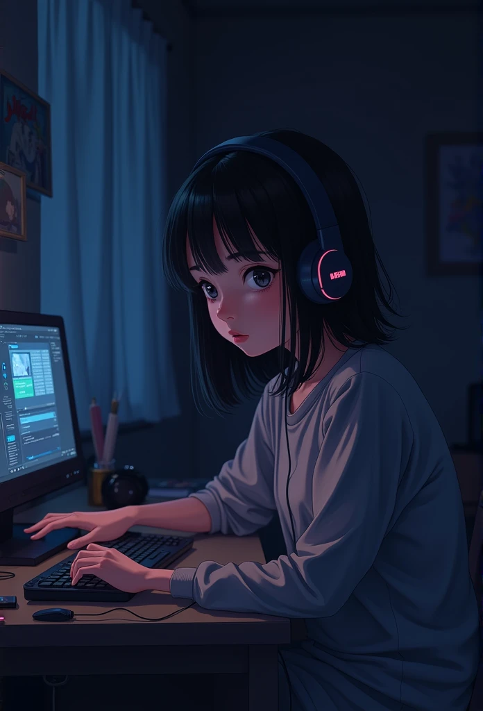 night、Girl listening to music in a cozy room, Using headphones, 2D-style animation, Lo-Fi, hard disk, Dark Environment