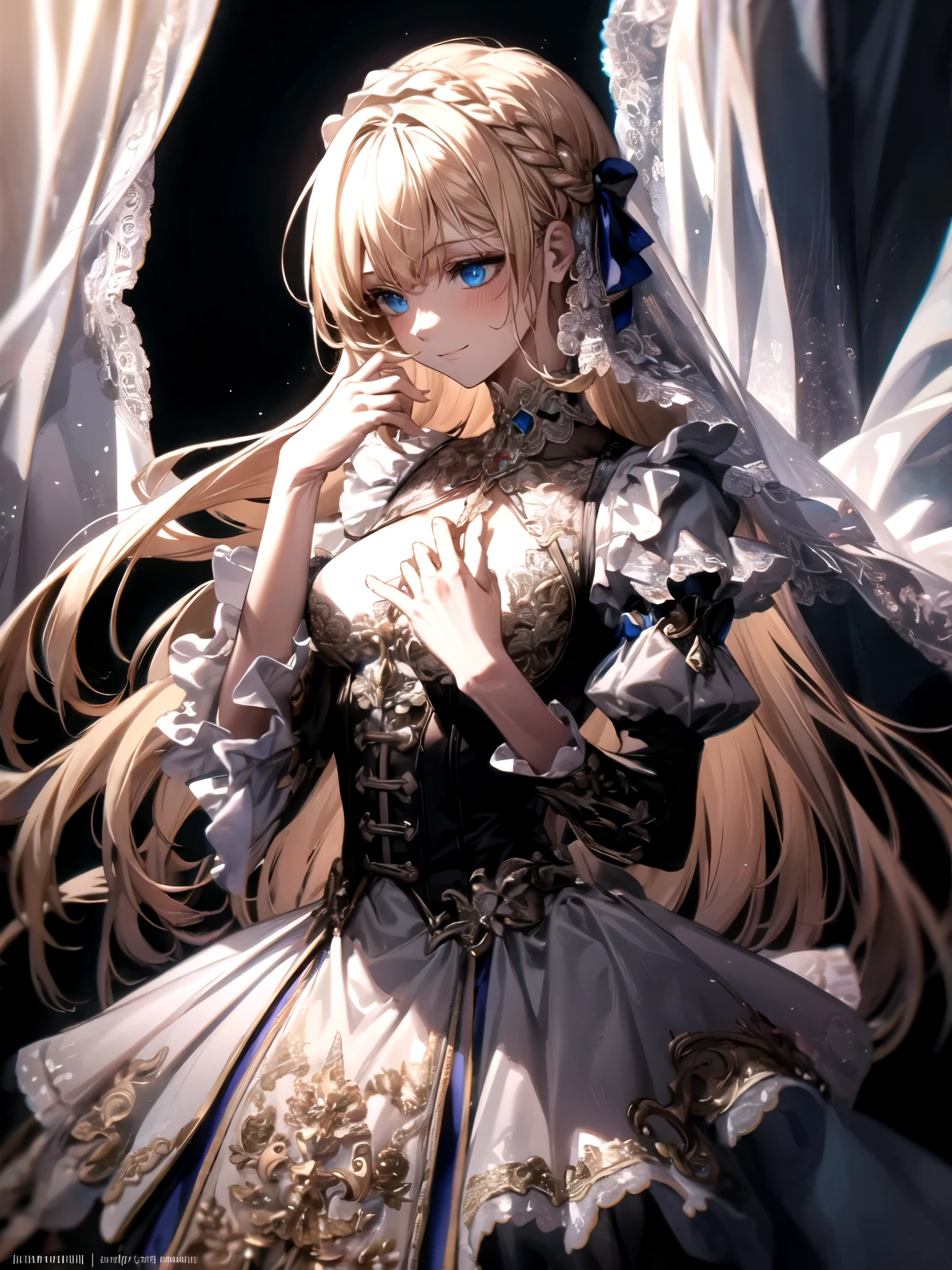 ultra detailed, masterpiece, best quality, solo, soft smile, light smile, 
1girl, blue eyes, very long hair, blonde hair, long blonde hair, french braid, bangs, medium breasts,
hair ribbon, frilled choker, criss-cross halter, sleeveless dress, high-waist skirt, backless dress, waist bow, detached sleeves, frilled sleeves, wide sleeves, pantyhose, patterned legwear, mary janes, watercolor, lineart, rough sketch, RGB, chromatic aberration,