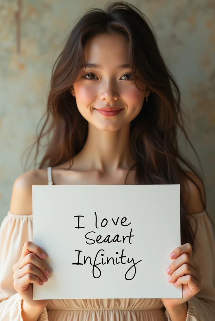Beautiful girl with wavy long hair, bohemian dress, holding a white board with text "I Love Seaart Infinity" and showing it to the viewer