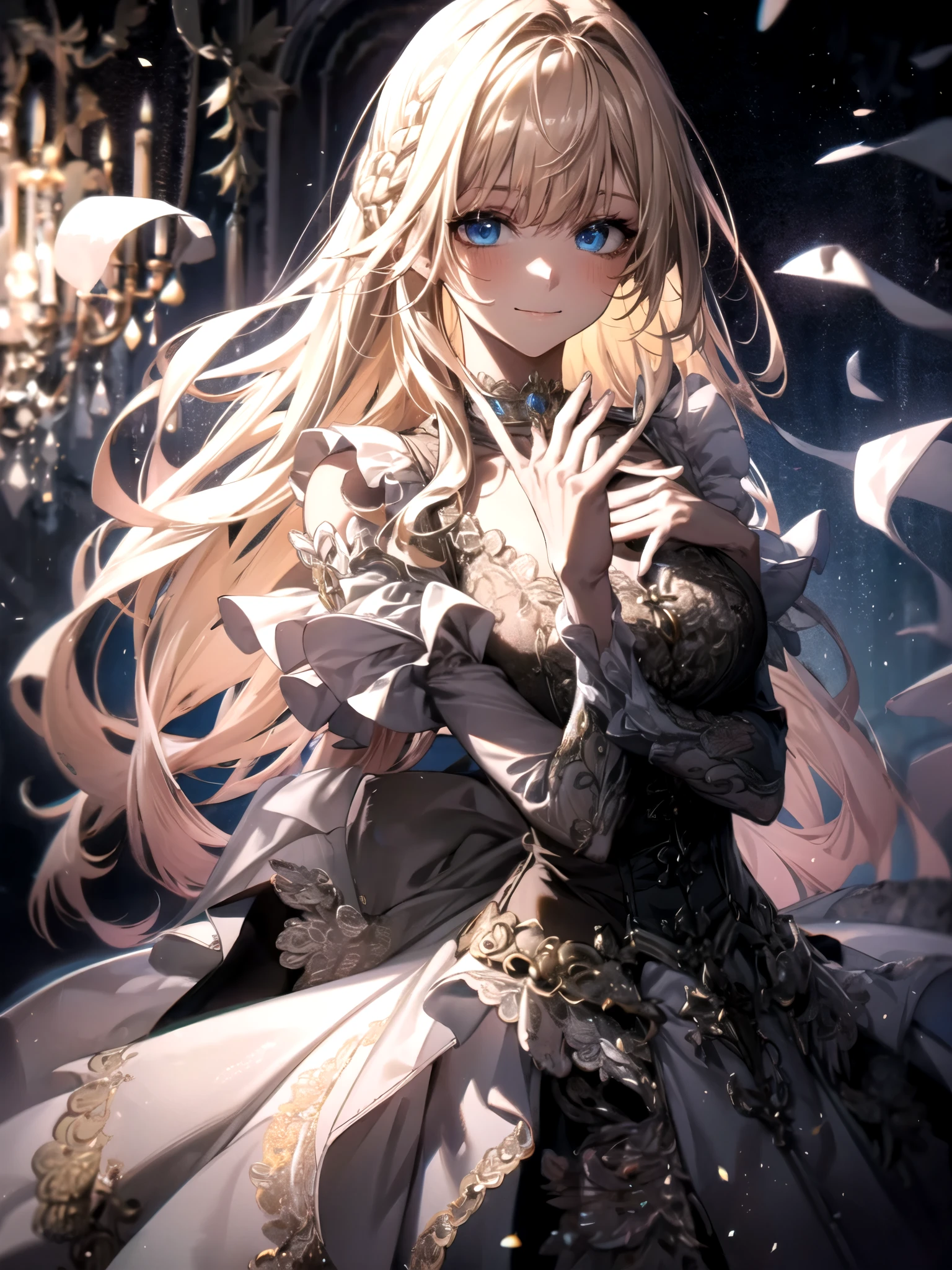 ultra detailed, masterpiece, best quality, solo, soft smile, light smile, 
1girl, blue eyes, very long hair, blonde hair, long blonde hair, french braid, bangs, medium breasts,
hair ribbon, frilled choker, criss-cross halter, sleeveless dress, high-waist skirt, backless dress, waist bow, detached sleeves, frilled sleeves, wide sleeves, pantyhose, patterned legwear, mary janes, watercolor, lineart, rough sketch, RGB, chromatic aberration,