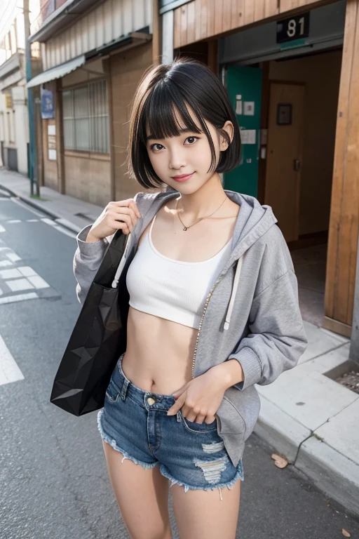 the front view of a japanese woman,street area,telephone poles,garbage collection center under the telephone pole, Japanese girl,Slender body,small hip, BREAK (wearing light gray hoodie),(open hoodie), BREAK (wearing ripped denim shorts), black short hime cut hair with blunt bangs, sandals,panty line, (no bra),smile,(one breast out), early morning,i carry a garbage bag,high resolution,standing in front of the trash can,put garbage in the trash can,shooting through the trash can,(from head to knee shot),leaning forward,(from above),looking at another,visible shadow of erect nipples,