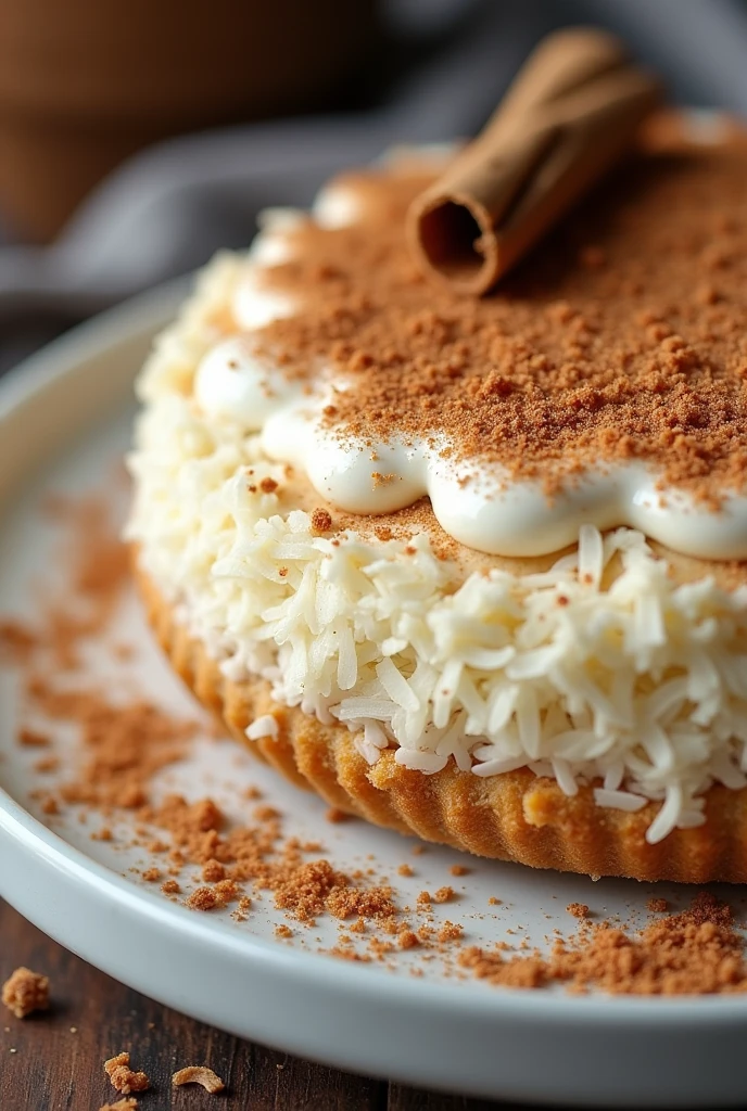 grated coconut pie with white ganche ,sprinkled with nest milk, cinnamon bark