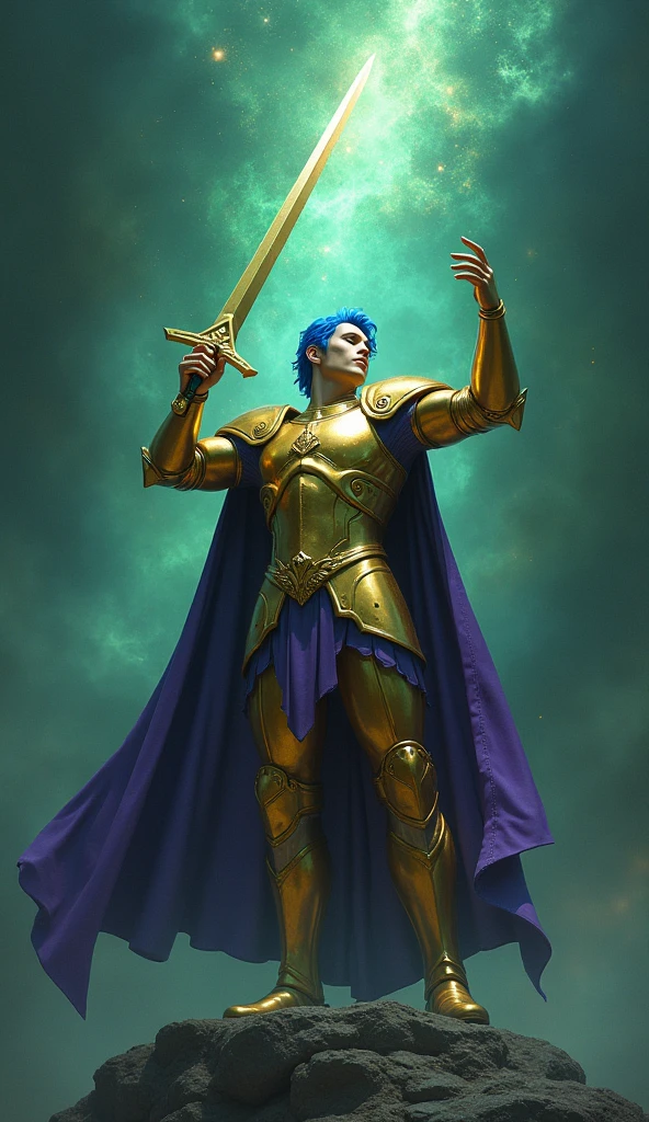 ((best quality)) , ((masterpiece)) , (detailed),A figure in a golden armor, blue hair, purple cape, sword, hands raised, holding up the sky, dark background, green light.