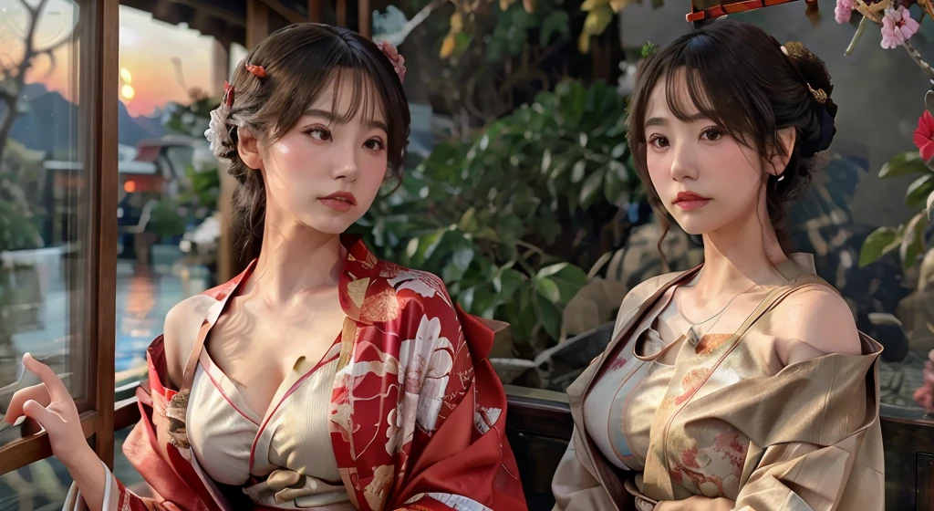 beautiful detailed woman in red kimono with open shoulders and legs, detailed face, beautiful breasts, sunset, highly detailed, 8k, photorealistic, dramatic lighting, elegant, cinematic, detailed hair, detailed fabric of kimono, beautiful scenery, vibrant colors, intricate patterns on kimono, depth of field, realistic skin tones