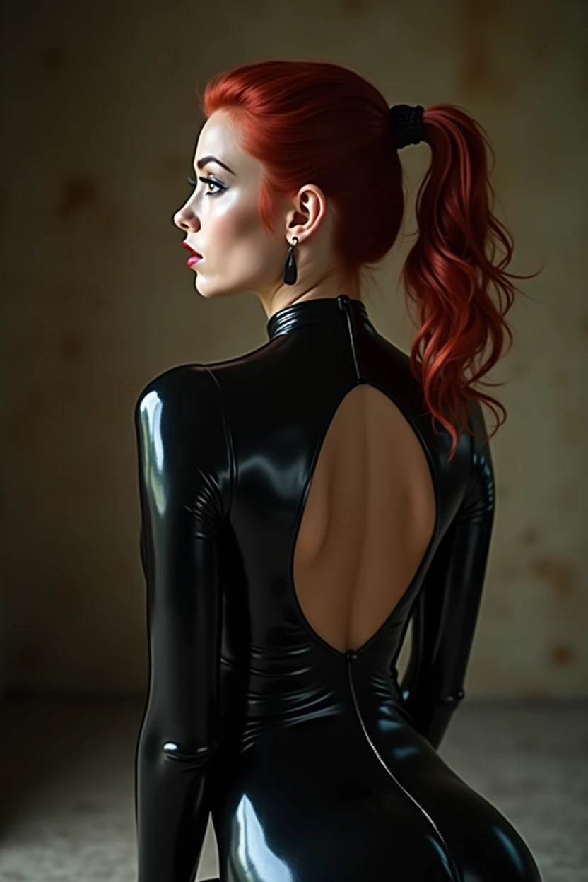 Red head cutie in a black latex catsuit staring deeply into the users eyes