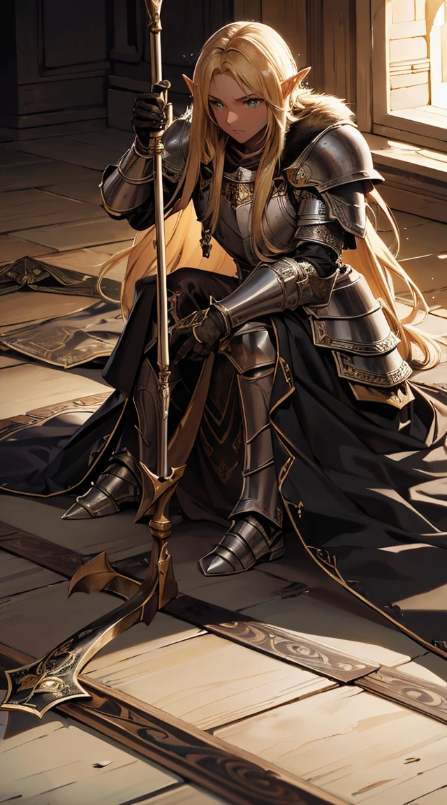 piece of art, better quality, 1 person, adult, male focus, One, blonde hair, long hair, bright green eyes, heavy armor, Male, cloak, dark skin, Battle cry, Fantasy aesthetics, very detailed, shadow universe style, elf ear, Looking up, Elven Knight Armor. Holding a Chinese halberd, going, letter, lying down, standing, on the back, struggle, dynamic poses. Get ready to dive into the world, where beauty and craftsmanship merge beautifully
