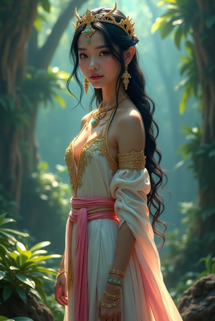 full lenght hiper 4k Think of it as a movie poster. In the Wind of Flowers. Full-length standing shot of a beautiful, sweet, and gentle 20-year-old woman. Pink lips and cheeks, looking straight ahead, wearing a white and gold Dusit Thai dress with sparkles, a white and gold sarong, a pink shawl, sparkling gold, and gold sparkles. The golden sparkles are on her long, black hair, tied loosely. She wears a small golden crown of Naga. She wears blue necklace and earrings. The light from the stars, a beautiful and realistic scene of a mysterious jungle. The light shines. 3D image, oil painting, sharp image