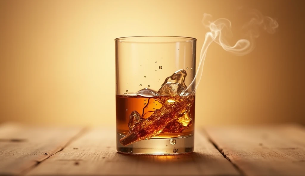 short glass of wiskeywith many details  with brown tabaco horizontal with smoke in a beige background in the air with many cristal details in the glass and even more details
perfect, make the glass smaller