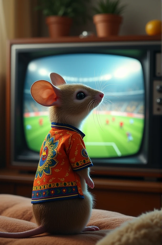 Mouse with Peruvian shirt watching football on TV