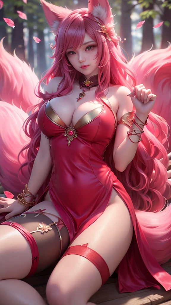 Super beautiful shining eyes、Face lighting,Bright backlight, huge breasts,超A high resolution,Best Quality,Photos,4K,(Realistic:1.2),
1 Indian girl,Cute,Cosplay,ahri (League of Legends),Looking at Viewer,(huge breasts:1.1), deep cleavage, Nine Tails,long ears,Green eyes,(Long wavy hair:1.2),White and gold headdress,Red and gold cheongsam,(Thigh height stockings:1.3),Red high heels,Red and gold bracelet,In the moonlit forest,