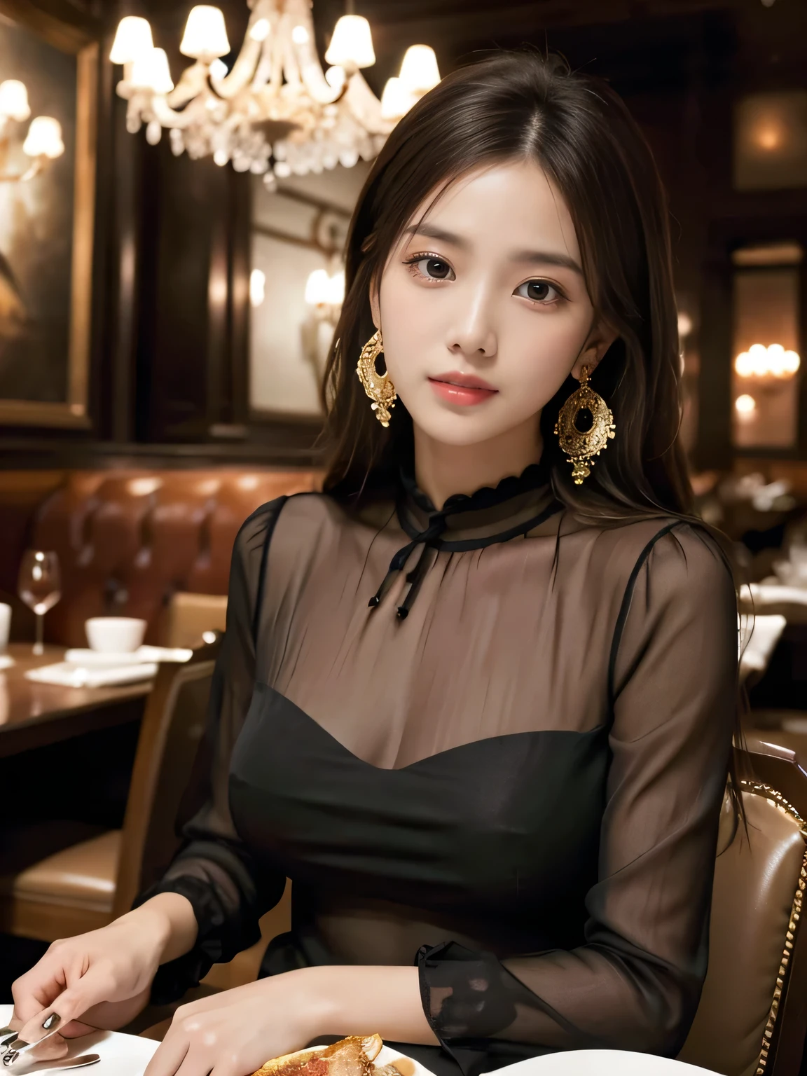 masterpiece, highest quality, Realistic, Very detailed, Finer details, High resolution, 8k wallpaper, One beautiful woman, Wear an elegant see-through black blouse, In a great restaurant, At night, Light brown messy hair, Perfect dynamic composition, Beautiful and beautiful eyes、Big earrings、Sitting in a chair、
