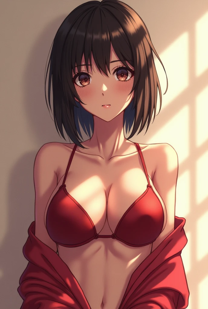 create a hentai of the character mikasa from aot without clothes showing her breasts without a bra