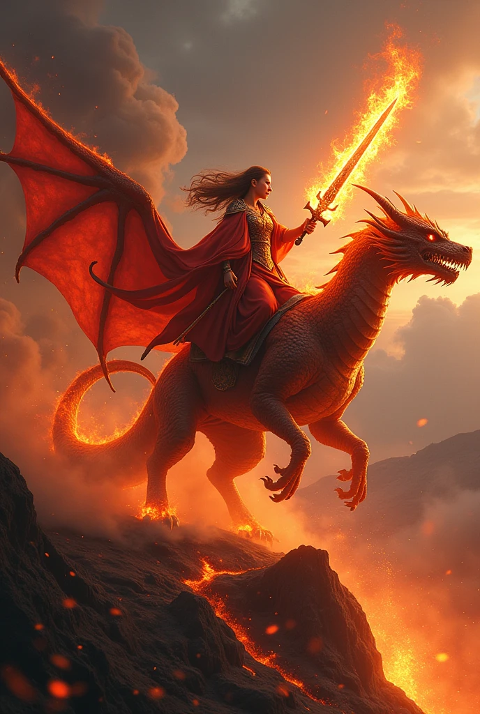 Fire mage wielding a fire sword controlling fire mounted on a fire breathing dragon