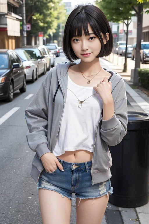the front view of a japanese woman,street area,telephone poles,garbage collection center under the telephone pole, Japanese girl,Slender body,small hip, BREAK (wearing light gray hoodie),(open hoodie), BREAK (wearing ripped denim shorts), black short hime cut hair with blunt bangs, sandals,panty line, (no bra),smile,(one breast out), early morning,i carry a garbage bag,high resolution,standing in front of the trash can,put garbage in the trash can,shooting through the trash can,(from head to knee shot),leaning forward,(from above),looking at another,visible shadow of erect nipples,