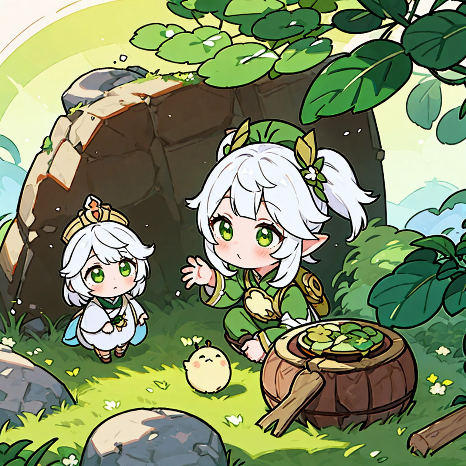 Cartoon image of a girl with white hair and green eyes, Maple Story Character Art, Hillabi, Venison flavor, Plant elves, Green Blessings, Telegram Stickers, 🍁 Lovely, 《Genshin Impact》Nasida, Wise ( Evaluate ), 来自 Genshin Impact, Maintain your posture