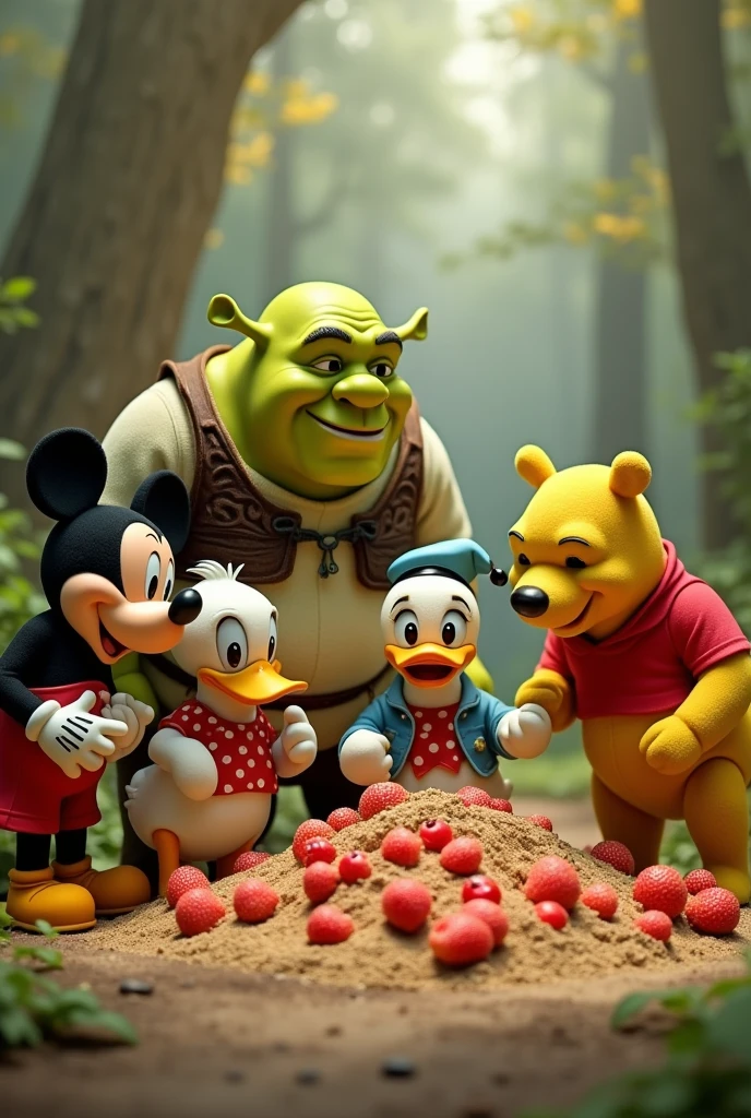 shrek, mickey mouse, donald duck, winnie the pooh and goofy having eating fruit sando