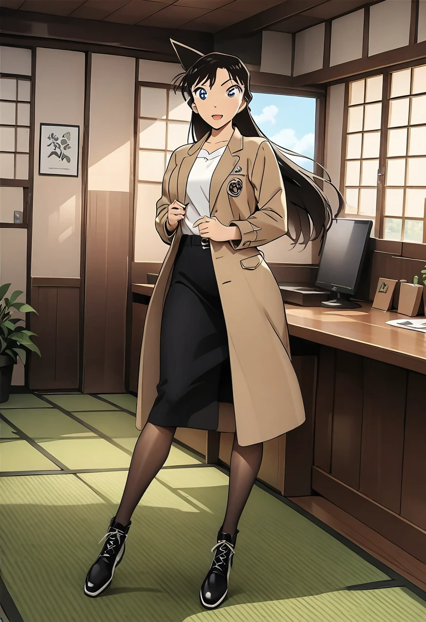 (black, Brown jacket, Lady hat：1.3），beautiful girl， full body，Perfect figure, Black Hair, Long hair, （Japanese cartoons, , Ultra HD, masterpiece, precise, Anatomically correct, Super Detail, Textured Skin, High Detail, high quality, The award-winning, best quality, high resolution, 8K：1.3）
