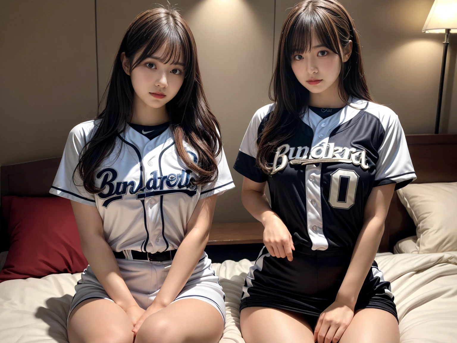 masterpiece, best quality, illustration, Super detailed, fine details, High resolution, 8K,wall paper, perfect dynamic composition,(Details High quality, realistic depiction of eyes:1.3), (2 girls), ((Baseball Uniforms), a miniskirt, Toned buttocks), sitting, open legs, short bob hair, in a hotel room in the background, deep on field, large breasts, black hair color, Big Natural Color Lip, (perfect body shape), crying a little、Harajuku style、20 year old girl、cute type、beautiful legs, Gravure Idol