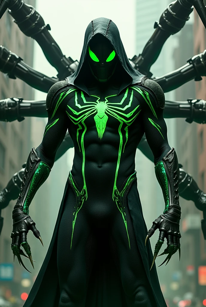 Create a villainous Spiderman, he has a green technological armor, he also has a leather jacket that has a hood that covers his head, his mask lenses must also be intense green, he will have some parts of his suit that must be black where There are some lines of green lava, and his spider on his chest is the same as the one Venom has, also some ferrous claws on his hands and he also has 4 spider legs that are mechanical and are large, they are part of the armor.
