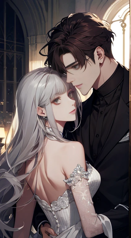 (extreamly delicate and beautiful:1.2), 8K, (tmasterpiece, best:1.0), Two male, One female, Upper body body, black-haired, silver hair, red dark hair, love triangle, 2 male 1 female - love triangle