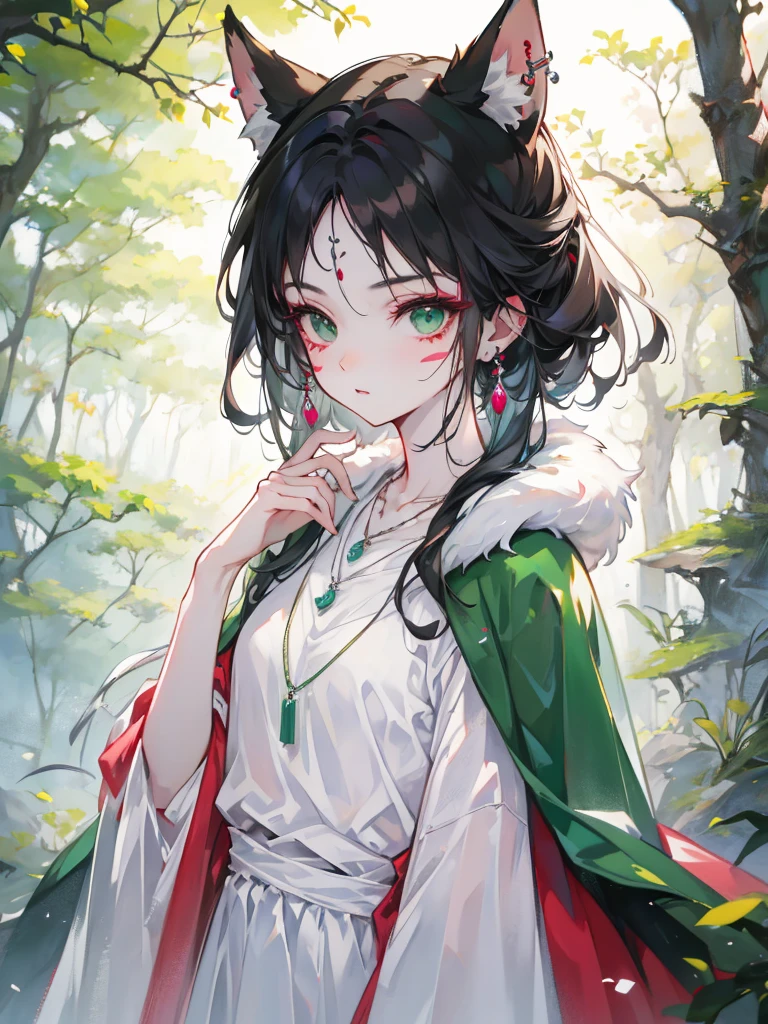 mj3d style,3dmm,3d,(masterpiece, Highest quality:1.1), Ghibli style, Mr. Miss. (mononoke hime), One fox-eared mature woman, 30 years old、Bracelet, bangs, Black Hair, black undershirt, chest, Cape, Circlet, Earrings, Face Paint, Floating Hair,Fox Tail、 forest, fur Cape, Green Eyes, jewelry, View your viewers, medium chest, nature, necklace, Outdoor, parted bangs, shirt, short hair, No sleeve, No sleeve shirt, alone, tooth necklace, wood, Upper Body, white shirt