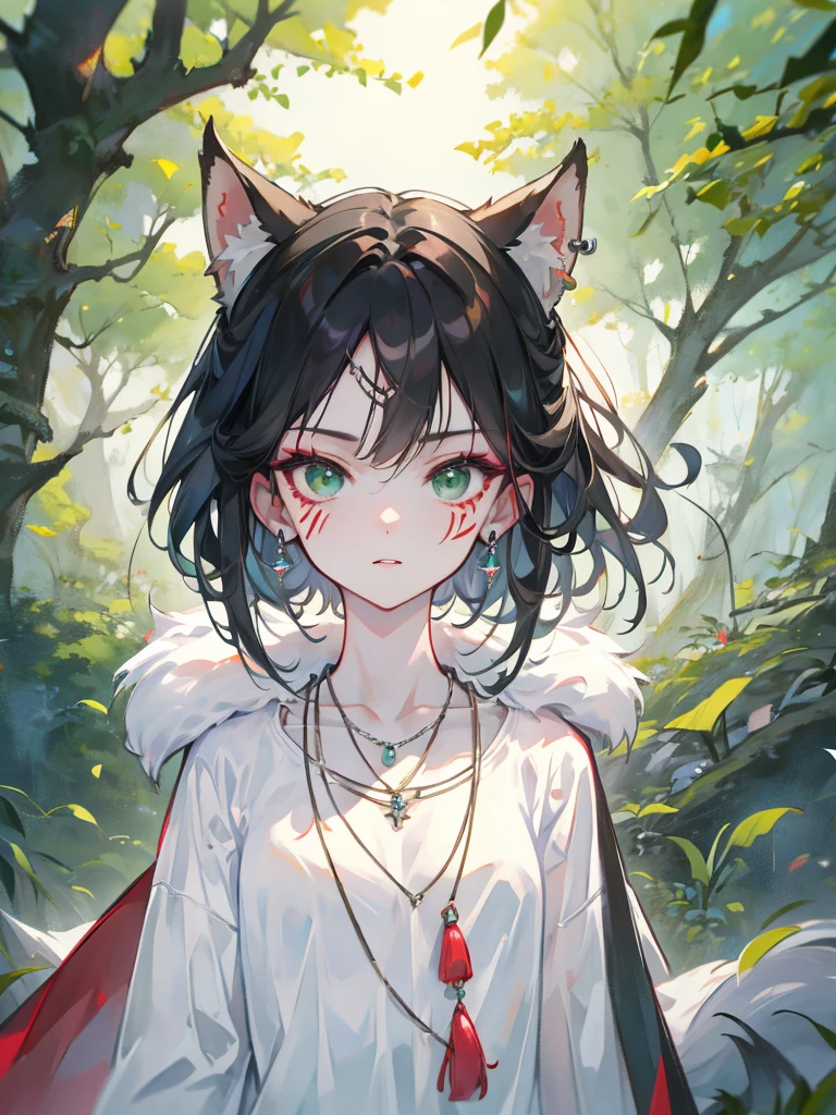 mj3d style,3dmm,3d,(masterpiece, Highest quality:1.1), Ghibli style, Mr. Miss. (mononoke hime), One fox-eared mature woman, 30 years old、Bracelet, bangs, Black Hair, black undershirt, chest, Cape, Circlet, Earrings, Face Paint, Floating Hair,Fox Tail、 forest, fur Cape, Green Eyes, jewelry, View your viewers, medium chest, nature, necklace, Outdoor, parted bangs, shirt, short hair, No sleeve, No sleeve shirt, alone, tooth necklace, wood, Upper Body, white shirt