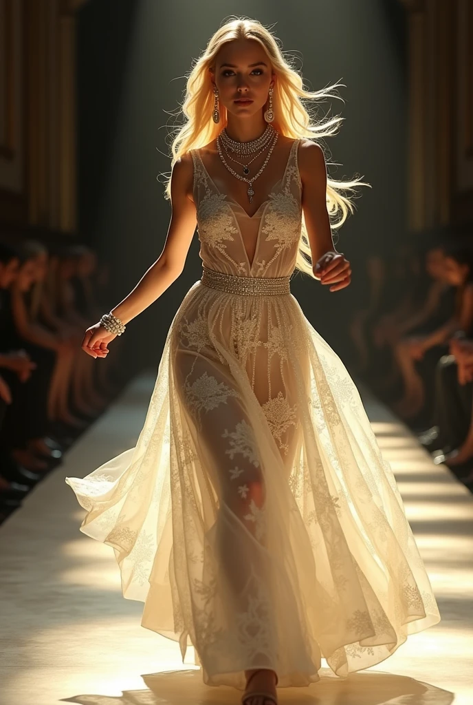 Western-looking woman, running on the runway, Blonde long hair waves that come down to the waist, light skin tone, (full-length picture from head to toe), wearing white A-line dress, dress with lace, (flamboyant with lots of beads), flamboyant and long pearl earrings, multiple pearl necklaces choker, Elegant runway stage background, dark background with partial yellow lighting