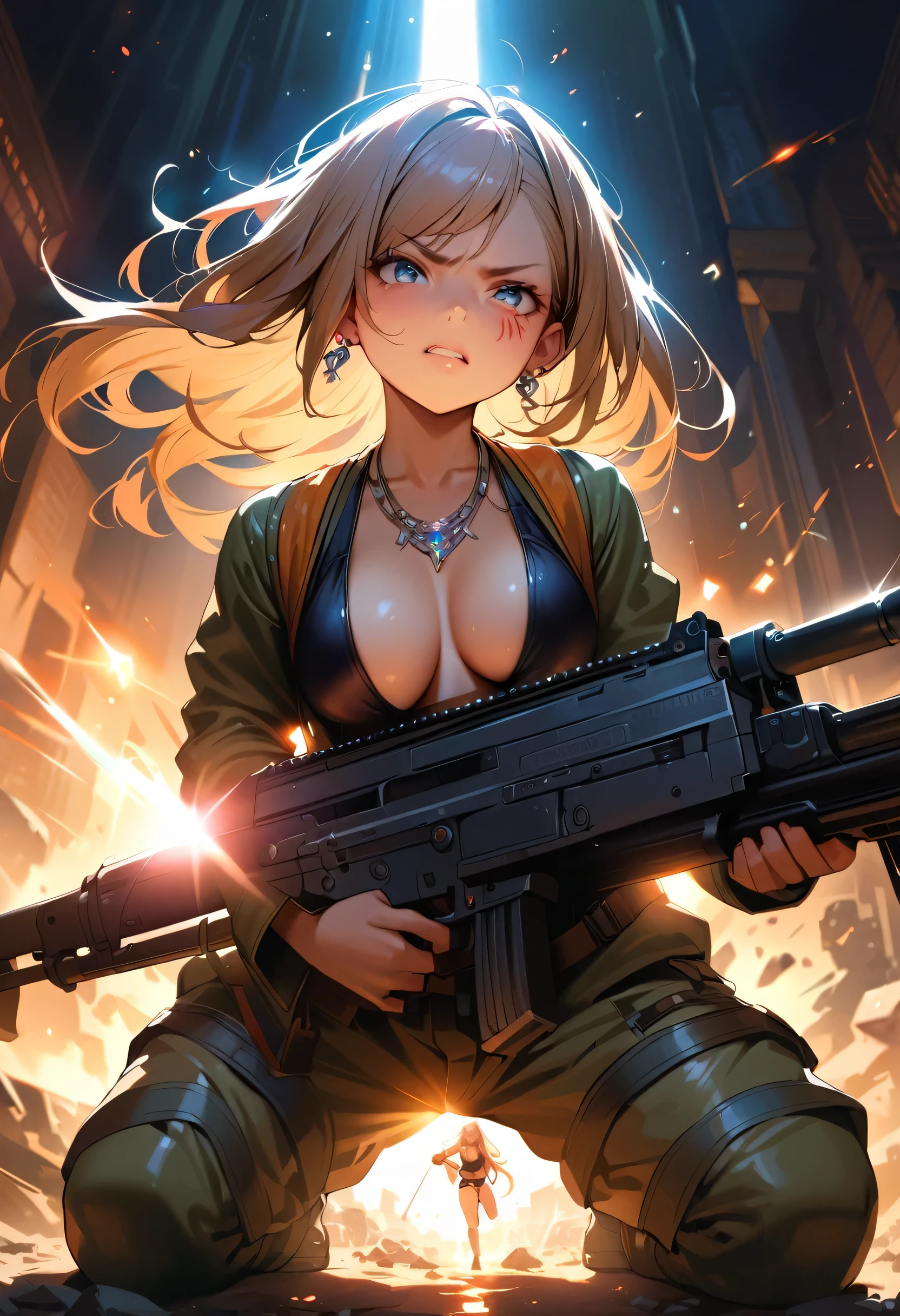 masterpiece, Highest quality, (((Ruined battlefield)))、(((Angry Face)))、Raising awareness, Large firearms, プラチナEarrings, Platinum Necklace, Black bikini combat suit,Carrying a weapon, One Girl, cute, (Dynamic Lighting:1.2), Cinema Lighting, Delicate facial features, Detailed eyes, Sharp pupils, Realistic student, Written boundary depth, ボケ Written boundary depth, Sharp focus, (Very detailed, bloom, Shine:1.4), Lots of little gems, (((long_hair))), Twin tails、Earrings、分けた前hair、銀hair、whole body、Ultra close-up footage、The top is transparent up to the chest.、See-through design。The bottoms are a very short navy blue pleated skirt.、Fits snugly around the waist。The background is simple white.、this、The text is easier to see.。The light source is a soft light from the front....、The overall atmosphere is bright and clean....。