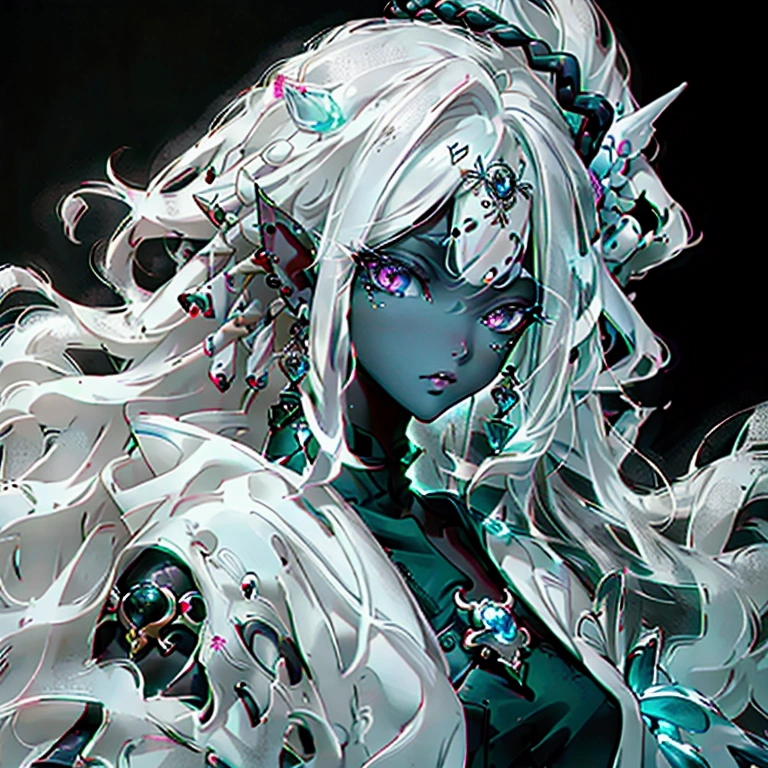 dark skinned firbolg with white freckles. silver eyes. short frizzy hair. nose piercing. ear piercings.