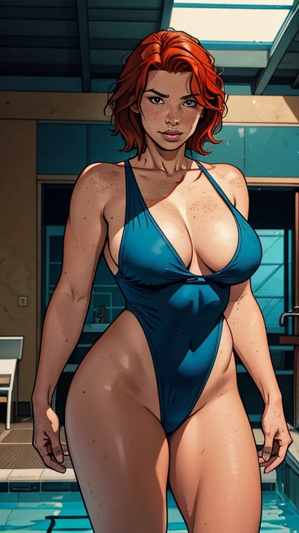 Mature fat woman, redhead, with freckles, short shoulder-length hair loose, wearing tight swimsuit, near swimming pool, People in background, swimming club, indoor environment, well lit, wide area,, cinematic lighting, wide shot, UHD, masterpiece, accurate, anatomically correct, super detail, high details, high quality, best quality, highres