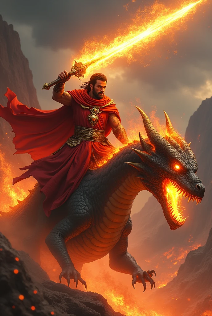 Fire mage wielding a fire sword controlling fire mounted on a fire breathing dragon