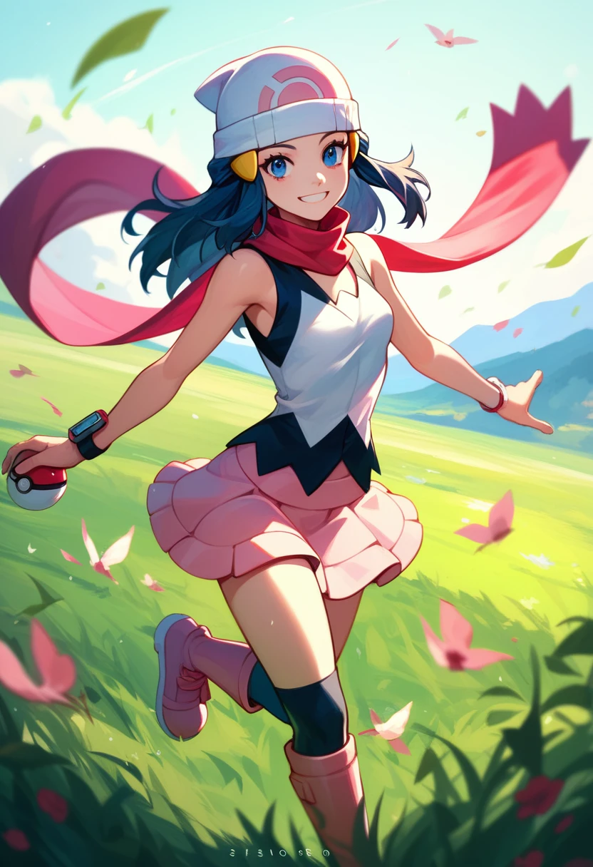 masterpiece, Best Quality, 1 girl, dawn \(Pokémon\), by the wide, For the blue, blue eyes, white sleeveless t-shirt,pink scarf, pink skirt, pink boots, smile, looking at the viewer, field background,sexy,sin gorro