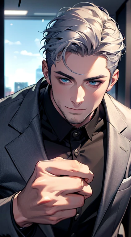 (best quality,4k,8k,highres,masterpiece:1.2),ultra-detailed,(realistic,photorealistic,photo-realistic:1.37),1 man,31 years old,mature man,very handsome,without expression,smile,short grey blue hair,blue eyes,penetrating gaze,perfect face without errors,imposing posture,businessman,office background,cinematic lighting,hdr image