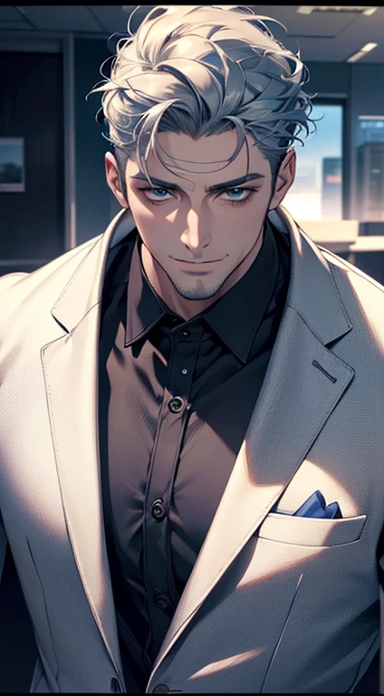 (best quality,4k,8k,highres,masterpiece:1.2),ultra-detailed,(realistic,photorealistic,photo-realistic:1.37),1 man,31 years old,mature man,very handsome,without expression,smile,short grey blue hair,blue eyes,penetrating gaze,perfect face without errors,imposing posture,businessman,office background,cinematic lighting,hdr image