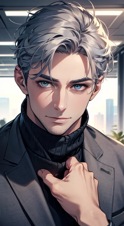(best quality,4k,8k,highres,masterpiece:1.2),ultra-detailed,(realistic,photorealistic,photo-realistic:1.37),1 man,31 years old,mature man,very handsome,without expression,smile,short grey blue hair,blue eyes,penetrating gaze,perfect face without errors,imposing posture,businessman,office background,cinematic lighting,hdr image