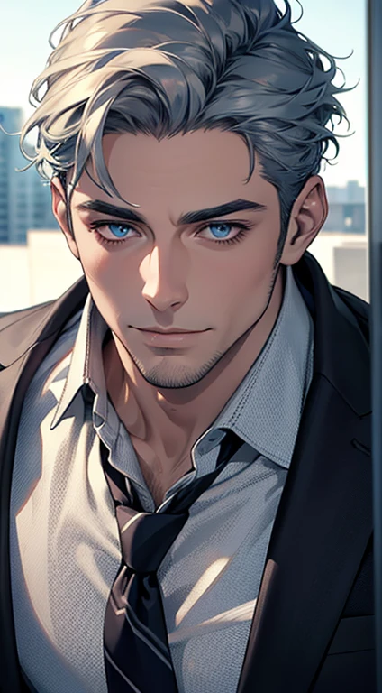 (best quality,4k,8k,highres,masterpiece:1.2),ultra-detailed,(realistic,photorealistic,photo-realistic:1.37),1 man,31 years old,mature man,very handsome,without expression,smile,short grey blue hair,blue eyes,penetrating gaze,perfect face without errors,imposing posture,businessman,office background,cinematic lighting,hdr image