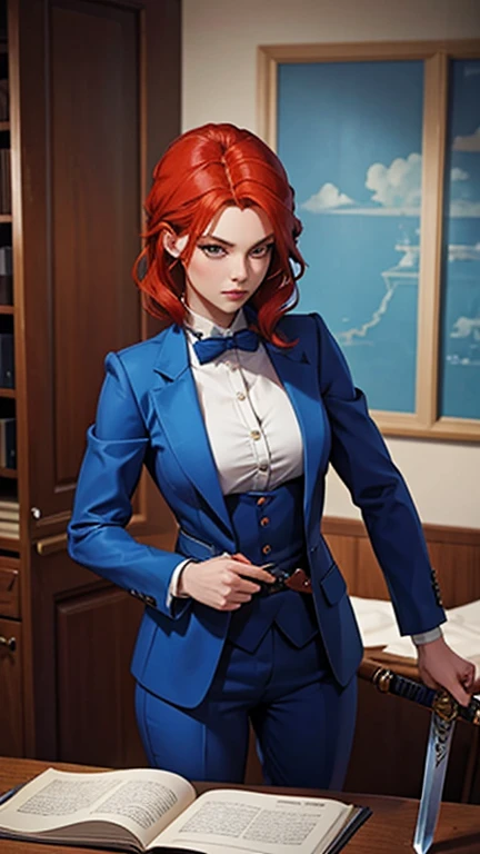 A girl in a blue suit, with red hair, with a sword in her hand