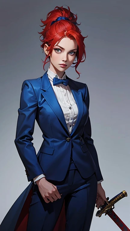 A girl in a blue suit, with red hair, with a sword in her hand