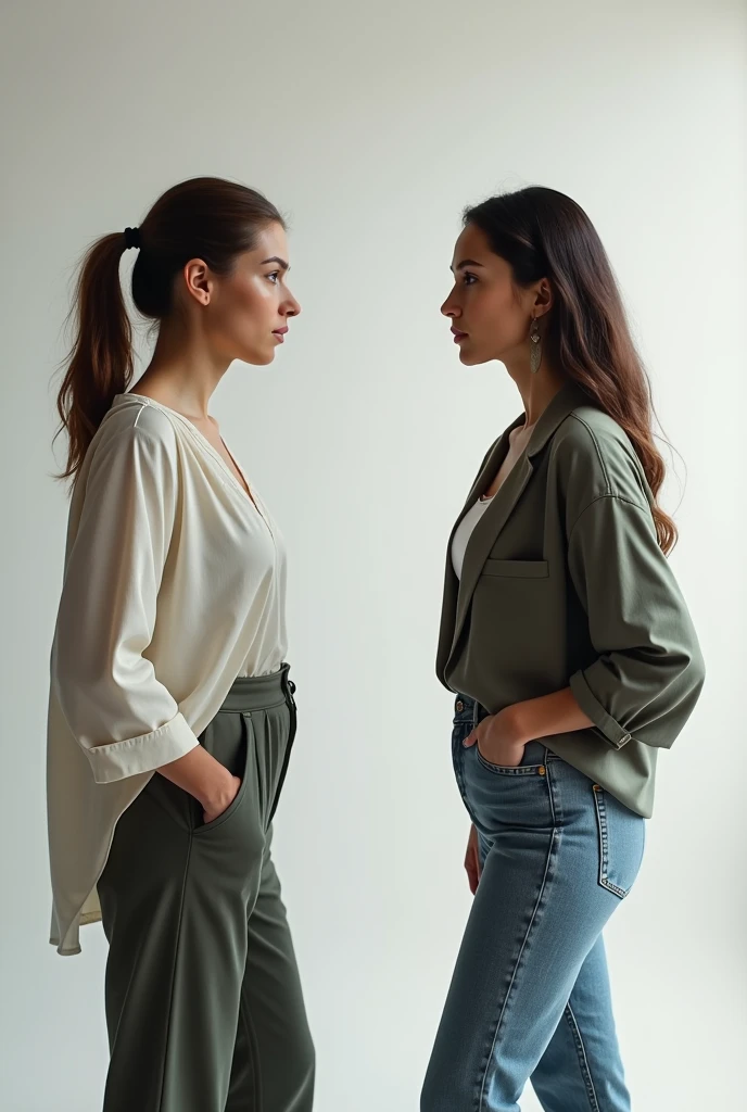 I need a versus type image comparing two women. One is tired, unmotivated, bored. Need money. The other one is doing well, Sell new and technological products and earn money. He is happy and vital. 