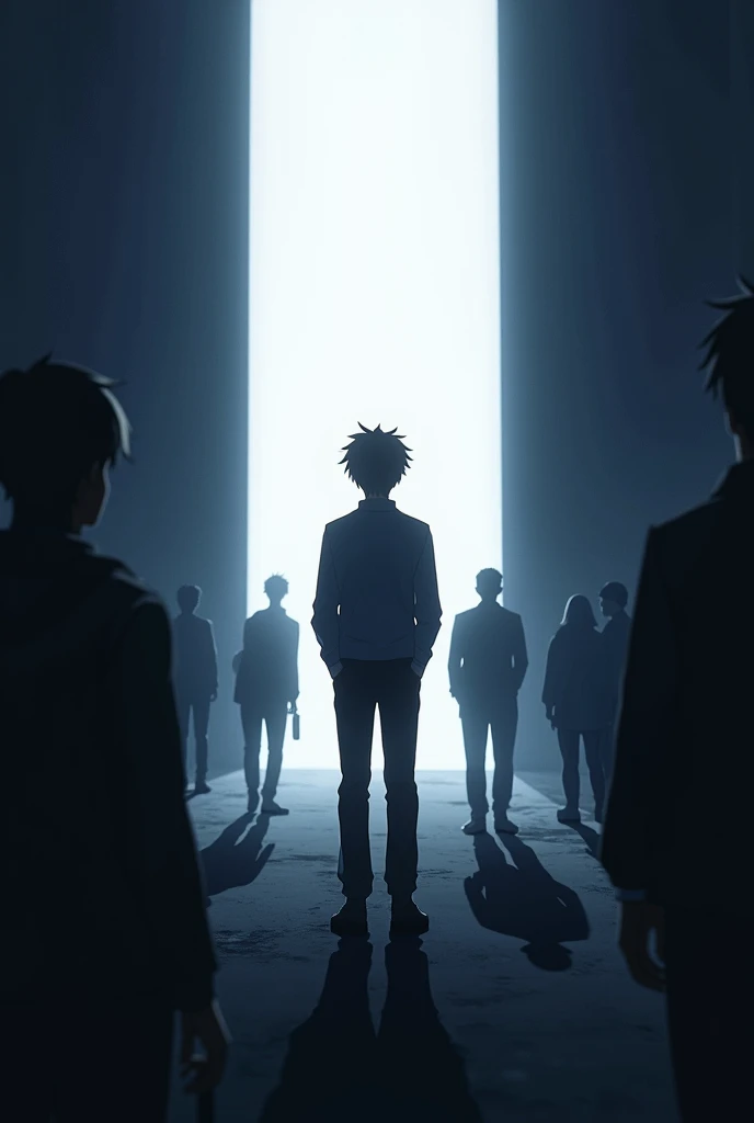 
anime style, A person has to be a man who is caught in the glare of light with silhouettes of shadows and other people in the background. Move the camera further away and add more people in the background.
