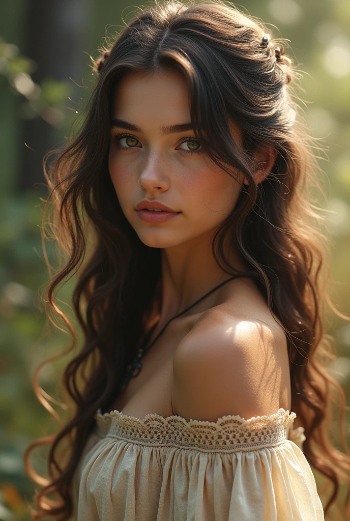 Beautiful girl with wavy long hair, bohemian dress