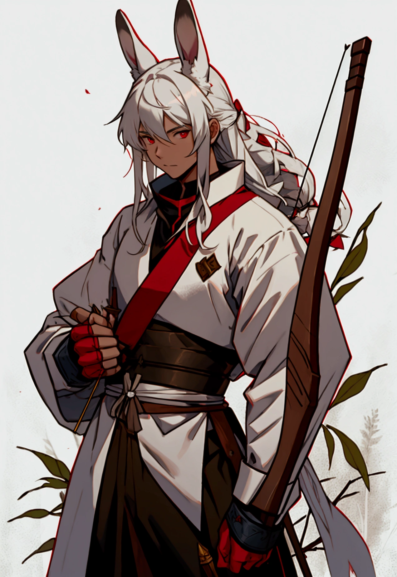 Male bunny, lean and shorter body, white fur, long hair, whole body, pose, red eyes, clothes of a forest archer, bow in hands, quiver of arrows