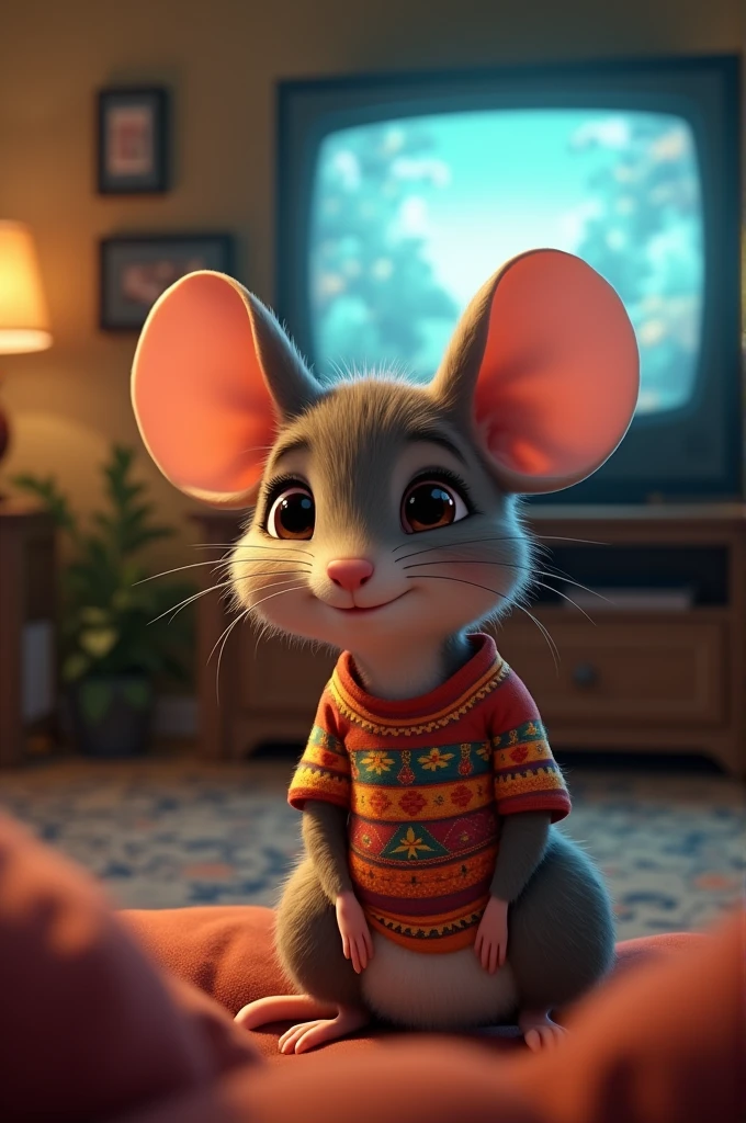 MOUSE WITH PERU T-SHIRT WATCHING TV