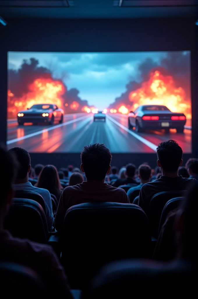 Some people watching a movie, the point of view is behind the spectators, The movie has a lot of explosions and car scenes.