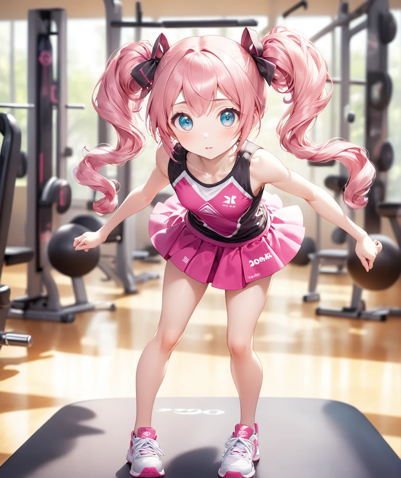 (Highest quality,8k,32K,masterpiece,Ultra-high resolution :1.2 ),born,One girl,Super cute,Natural light,Clear, shining eyes,20-year-old,Fair skin,A fantasy background of a digital gym,Pink Hair,Twin tails