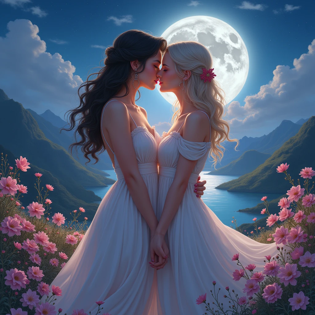 (masterpiece, highest quality, official art, beauty and aesthetic), perfect anatomy, perfect hands, two women is deeply in love with each other, kiss, romantic atmosphere, flower and moon, magnificent panorama view