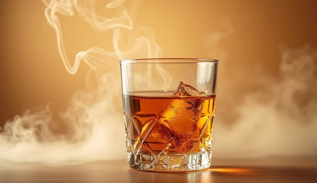 short glass of wiskeywith many details  with brown tabaco horizontal with smoke in a beige background in the air with many cristal details in the glass and even more details
perfect, make the glass smaller