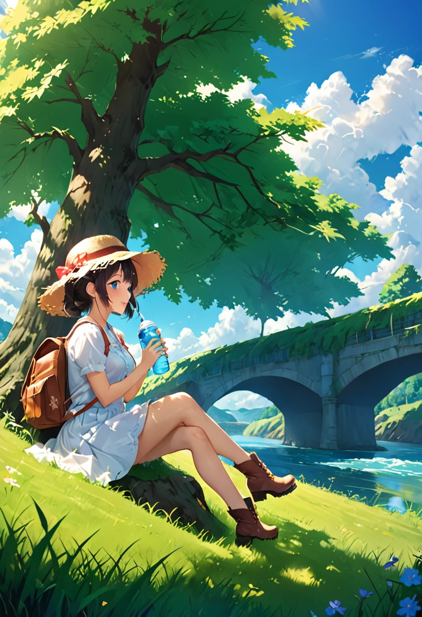 Blue sky and incoming clouds, girl with bobbed hair wearing straw hat, white shirt, white skirt, short brown boots, girl with khaki backpack sitting on green grass leaning against large tree, shining sun through trees, wind blowing, eating delicious looking sandwich, water bottle and cups on blue grass, anime landscape of a bridge over a river with a sky background, beautiful anime landscape wallpaper, anime scenery, anime nature, anime nature wallpap, anime background art, anime backgrounds, anime Beautiful peaceful scene, Beautiful anime scene, wallpaper anime Blue Water, anime rural landscape, detailed landscape - width 672, landscape painting