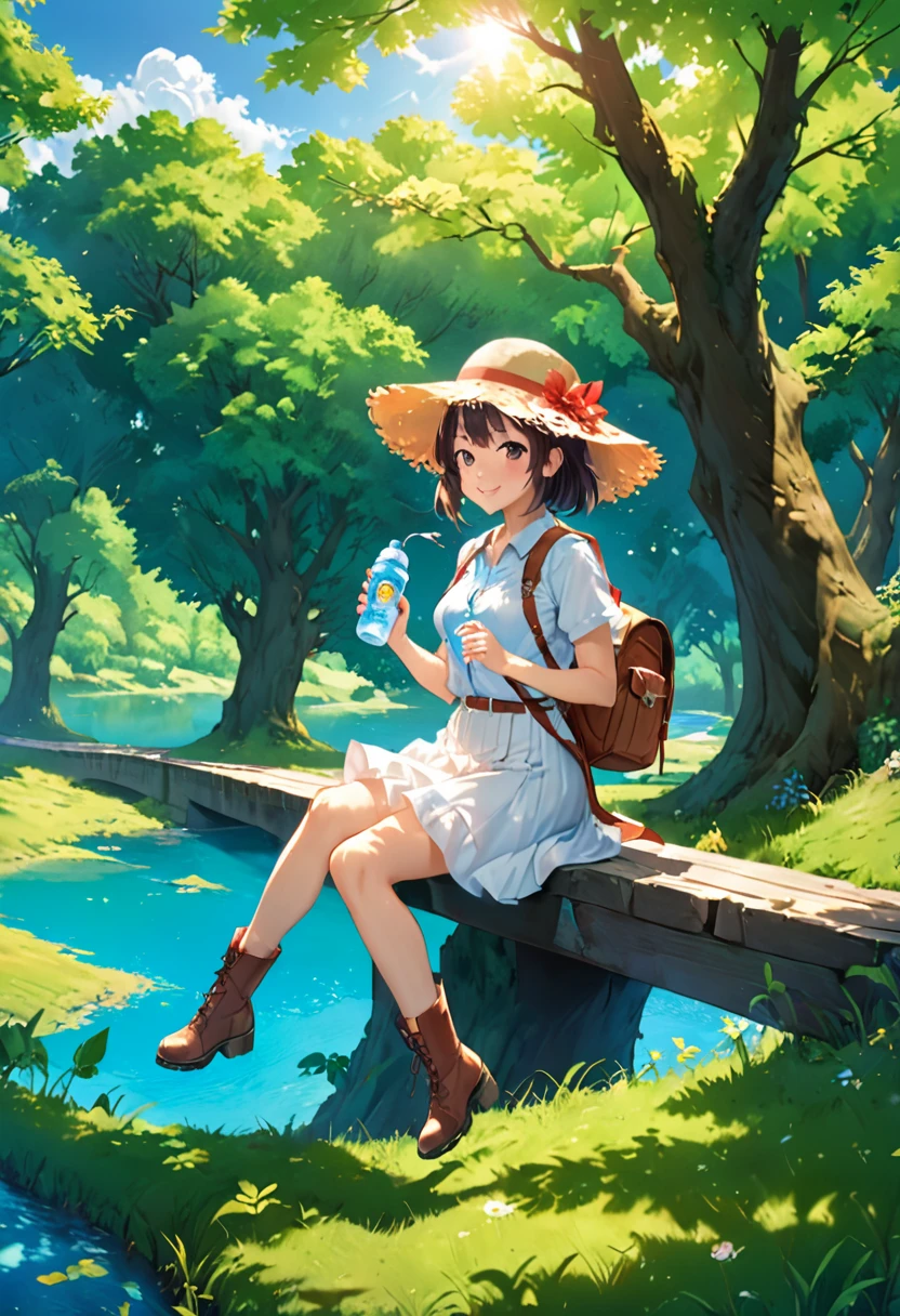 Blue sky and incoming clouds, girl with bobbed hair wearing straw hat, white shirt, white skirt, short brown boots, girl with khaki backpack sitting on green grass leaning against large tree, shining sun through trees, wind blowing, eating delicious looking sandwich, water bottle and cups on blue grass, anime landscape of a bridge over a river with a sky background, beautiful anime landscape wallpaper, anime scenery, anime nature, anime nature wallpap, anime background art, anime backgrounds, anime Beautiful peaceful scene, Beautiful anime scene, wallpaper anime Blue Water, anime rural landscape, detailed landscape - width 672, landscape painting