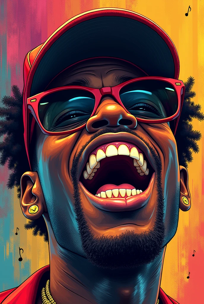 a black rap singer with gold teeth, in a less realistic way as if it were a colored drawing